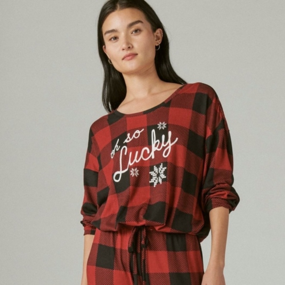 NWT Lucky Brand Red Buffalo Plaid Holiday Sleep Pajama Long Sleeve Top Size S